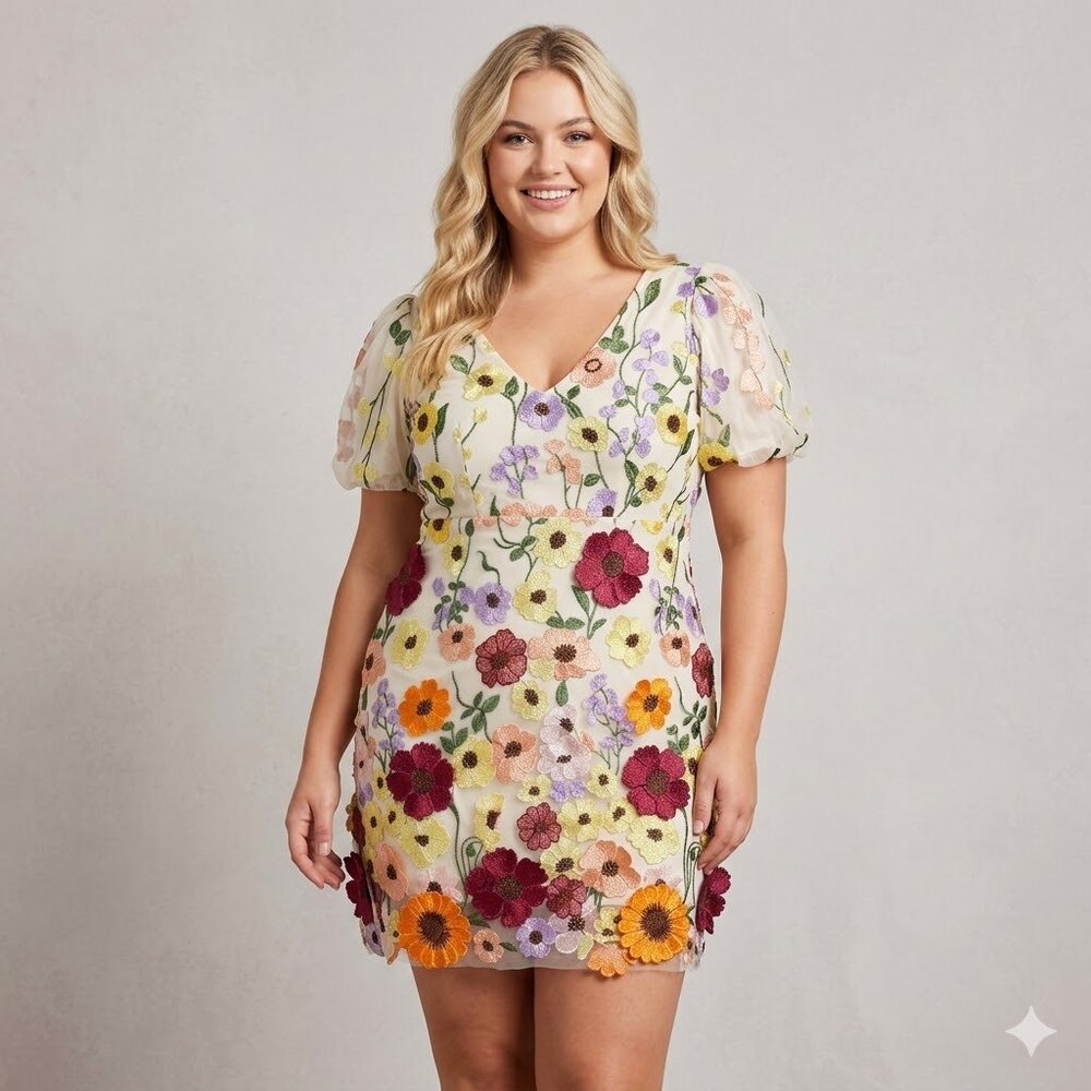 Anewsta Embroidered Floral Applique Mini Dress - Ivory Multi - Size Large